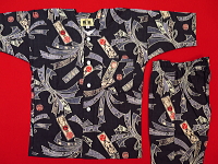 義若オリジナルの子供用鯉口シャツ・ダボシャツ　のしに千社札（黒）　上下組セット